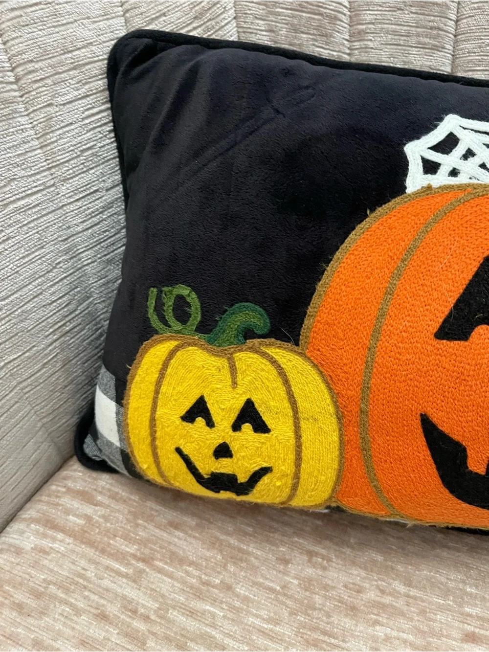 Halloween Home Decor Throw Pillow One Orange Pumpkin & Two Yellow Pumpkins
